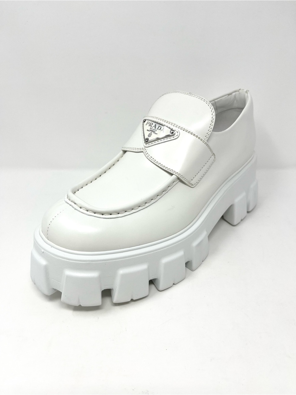 NEW Prada Monolith Triangle Logo White Leather Loafers Heels Chunky 39.5 9.5 - Picture 1 of 14